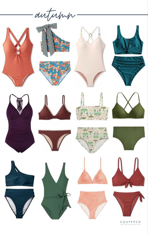 A roundup of swimwear perfect for the Autumn seasonal color palette. Autumn palette swimsuits for every budget! Deep Autumn Outfits For Summer, Autumn Seasonal Color Palette, Color Palette Autumn, Postpartum Style, Palette Autumn, Deep Autumn Palette, Autumn Color Palette Fashion, Seasonal Color Palette, Seasonal Palette