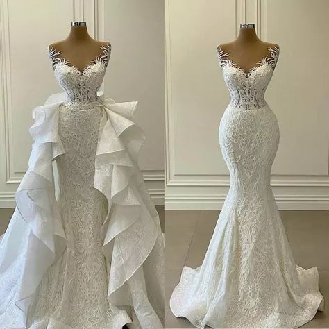 2021 White Mermaid Wedding Dresses with Detachable Train Ruffles Lace Appliqued Bridal Gowns Plus Size Vestidos de novia _ - AliExpress Mobile Wedding Dress Prices, White Mermaid, Detachable Train, Gaun Fashion, Gown Plus Size, Mermaid Wedding Dresses, Wedding Gowns Mermaid, Wedding Dress Fabrics, Dress Sleeve Styles