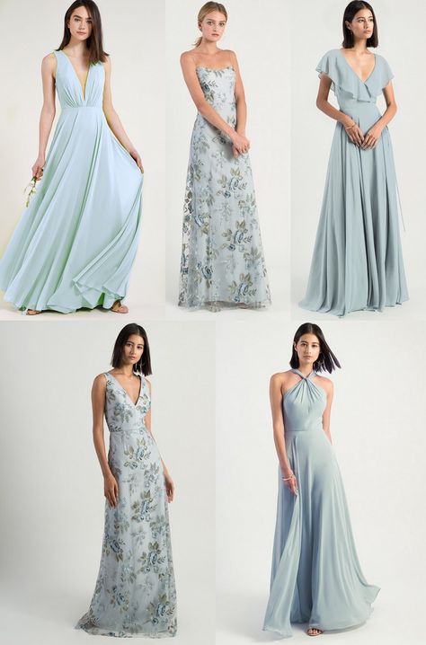 Jenny Yoo serenity blue bridesmaid dresses - Ryan, Drew, Faye, Tatum, and Halle dresses. Modern Bridesmaid Dresses, Patterned Bridesmaid Dresses, Serenity Blue, Jenny Yoo, Convertible Dress, Blue Bridesmaid Dresses, Steel Blue, Backless Dress Formal, Bridal Party