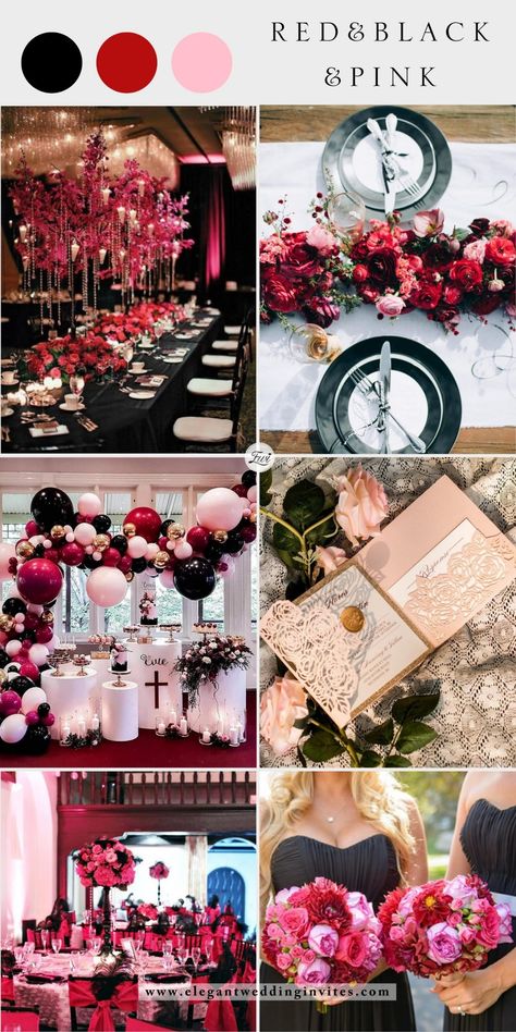 Pink Red Black Wedding Theme, Red Black Wedding Theme, Black Wedding Theme Ideas, Valentines Theme Wedding, Black Wedding Theme, Red Black Wedding, Black People Weddings, Pink And Burgundy Wedding, Elegant Wedding Colors