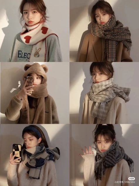 Korean Scarf Outfit, Muffler Outfit, White Scarf Outfit, Korean Scarf, Outfits With Scarf, Outfits With Scarves, Scarf Outfit Winter, Scarf Aesthetic, Scarf Fits