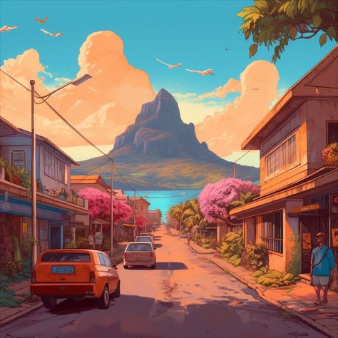 The quiet streets of Mauritius in all its splendor Mauritius Painting, Rio Painting, Wood Keychain, The Quiet, Mauritius, African Art, Street View, Logo Design, Orange