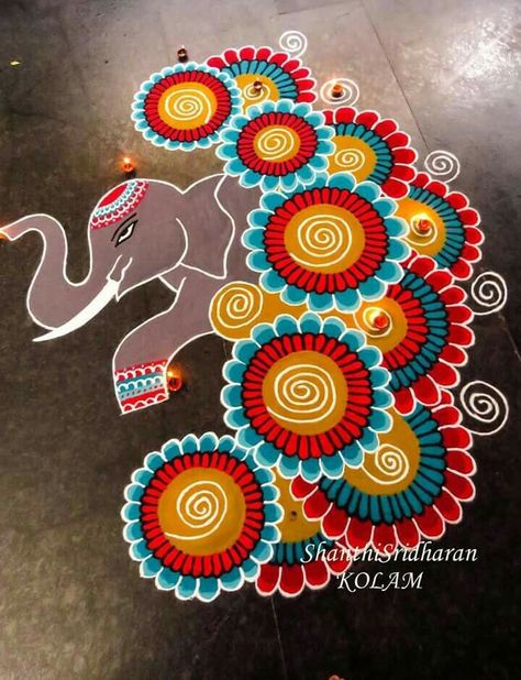 Elephant Rangoli, Diy Rangoli, Mandala Rangoli, Rangoli Designs For Diwali, Rangoli Designs For Competition, Puja Items, Rangoli Diwali, Om Sign, Rangoli Designs Simple Diwali