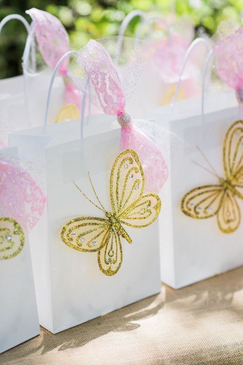 Butterfly gift bags from an Enchanted Fairy Garden Birthday Party on Kara's Party Ideas | KarasPartyIdeas.com (29) Fairy Birthday Goodie Bags, Butterfly Gift Bags, Fairy Birthday Party Decorations, Fairies Party, Enchanted Fairy Garden, Decoration Communion, Enchanted Butterfly, Fairy Garden Birthday, Butterfly 1st Birthday