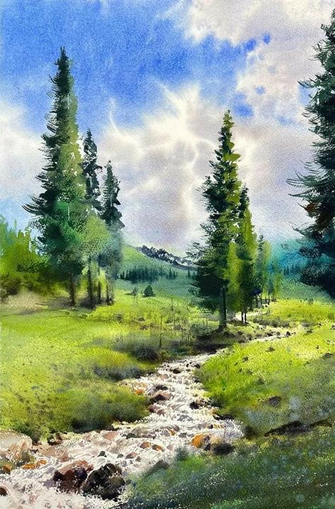 숲 사진, Drawing Scenery, Watercolor Scenery, Watercolor Art Landscape, Canvas For Beginners, Watercolor Paintings For Beginners, Beautiful Art Paintings, Watercolour Inspiration, Diy Watercolor Painting