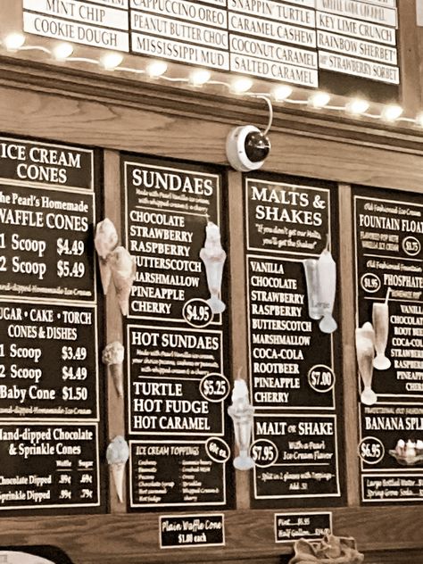 aesthetic, ice cream parlor, ice cream Country Ice Cream Shop, Old Fashion Ice Cream Parlor, Victorian Ice Cream Parlor, Nostalgic Ice Cream Shop, Rustic Ice Cream Shop, Ice Cream Shop Menu Ideas, Old School Ice Cream Shop, Ice Cream Parlor Aesthetic, Ice Cream Menu Board