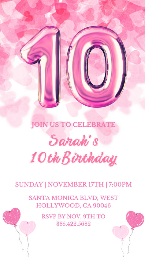 This is an Editable Birthday Invitation Canva Template. Instant Download for Self- Editing by Customers. All texts are Editable. Suitable for All Ages, you can change the age font in the next slide on template easily. Pink Invitation Template, Ten Birthday, Pink Invitation, Tenth Birthday, Invitation Pink, Kids Birthday Party Invitations, Pink Invitations, Birthday Invite, Pink Hearts