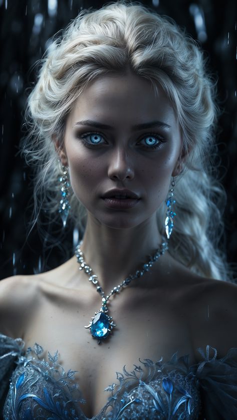 In a chilling twist on the beloved Disney character Elsa, turns evil. She has glowing scary blue eyes. She uses her icy abilities to trap a victim in a frozen prison. Her once sparkling gown now hangs in tatters, dripping with shards of ice and emanating an ominous aura. The scene is depicted in a vivid and detailed oil painting, capturing every frozen detail with precision. The sinister Elsa's skin is pale and frostbitten, her eyes gleaming with a malevolent glow that sends shivers down the . Scary Blue Eyes, Disney Characters Elsa, Snow Witch, Sparkling Gown, Ice Witch, Ice Warriors, The Sinister, Fantasy Princess, Shadow Photography