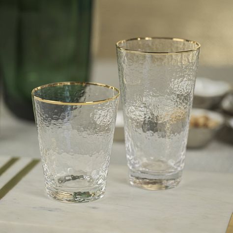 Negroni Hammered Glasses - Clear with Gold Rim Double Old Fashioned Dimensions: 3.5" x 4.25 Capacity: 342 ml // 11.6 oz Highball Dimensions: 3.5" x 6" Capacity: 470 ml // 15.9 oz Gold Rimmed Glasses, Glasses Clear, Construction Crafts, Clear Glasses, Highball Glass, Glasses Drinking, Old Fashioned Glass, Hammered Gold, Negroni