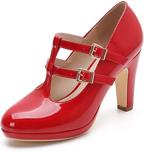 Amazon.com | MACKIN J G574-1 Women's Mary Jane Vintage Heels Chunky Platform T-Strap Dress Pumps (8.5, Red) | Pumps Ruby Shoo, Vintage Gingham, Retro Heels, Mary Jane High Heels, Heels Chunky, Womens Mary Janes, Vintage Heels, Platform Block Heels, Platform Mary Janes