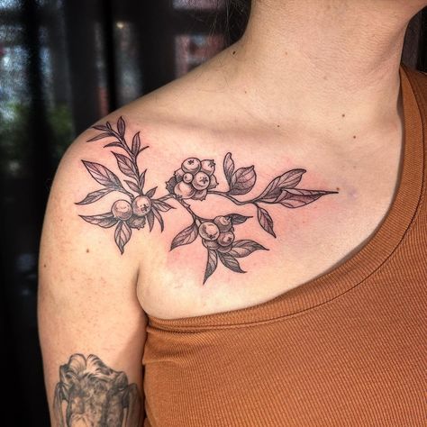 blueberry branch tattoo • Instagram Dotwork Floral Tattoo, Blueberry Blossom Tattoo, Twig Tattoo Branches, Juniper Berry Tattoo, Pomegranate Branch Tattoo, Branch Chest Tattoo, Fruit Branch Tattoo, Blueberry Bush Tattoo, Blueberry Vine Tattoo