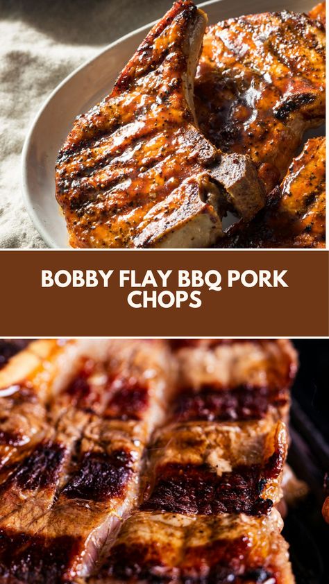 This delicious BBQ pork chops recipe by Bobby Flay is a quick and simple meal perfect for summer grilling. With a sweet, tangy homemade sauce, these chops turn out tender and full of flavor. You can easily make this with common pantry ingredients for a satisfying dish that pairs well with your favorite sides. Grilled Bbq Pork Chop Recipes, Bbq Pork Chop Recipes, Bbq Pork Chops On Grill, Pork Chops Bbq, Grilled Pork Chop Recipes, Pork Chops Recipes, Pork Chop Dishes, Pork Chop Recipes Grilled, Bobby Flay Recipes