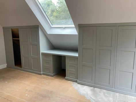 Uk Loft Conversion Ideas, Attic Conversion Ideas Bedroom, Knee Wall Closet Ideas, Dressing Room In Eaves, Built In Wardrobes Loft Room, Basement Bedroom Suite Ideas, Walk In Wardrobe Loft Conversion, Wardrobes In Attic Rooms, Pitched Roof Wardrobe