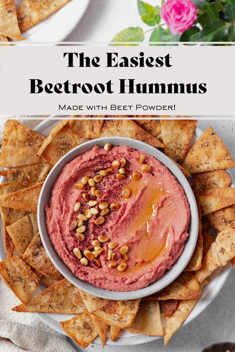 Beet Hummus - this vegan pink hummus is ready to eat in just 10 mins! No need to cook any beets, it's made with beetroot powder! So simple and incredibly easy to make. This hummus dip makes the perfect appetizer served with crackers or a great healthy snack with chopped veggies dipped into it. Find this hummus and more dip recipes on the blog! #beethummus #beetrootpowder #beetpowder Pink Hummus, Beet Powder, Chopped Veggies, Beetroot Recipes, Homemade Appetizer, Hummus Dip, Fresh Beets, Beet Hummus, Beet Root