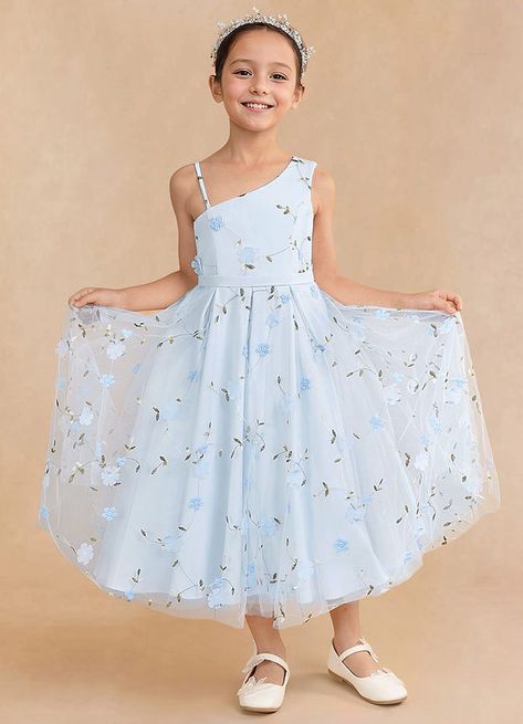 Ivilia is our sweet and joyful flower girl A-line dress made from our embroidered tulle. She features a one shoulder neckline. The A-line skirt has box pleating that creates a playful yet sophisticated silhouette. Spring Flower Girl Dresses, Light Blue Flower Girl Dresses, Pastel Flower Girl Dresses, Blue Flower Girl Dress, Simple Flower Girl Dresses, Summer Flower Girl Dresses, Tea Length Flower Girl Dress, Tea Length Tulle, Flower Girl Dresses Blue