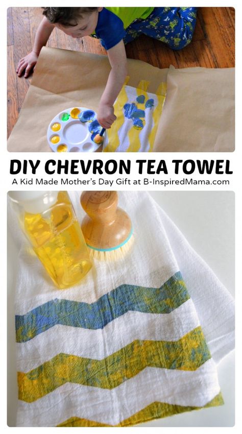 A Kid Painted Chevron Tea Towel Mother's Day Craft - a sweet handmade gift for mom! - at B-Inspired Mama Mother's Day Craft, Mothers Day Crafts For Kids, Crafty Kids, 12 December, Kids' Crafts, Fun Craft, Childrens Crafts, Mothers Day Crafts, Baby Crafts