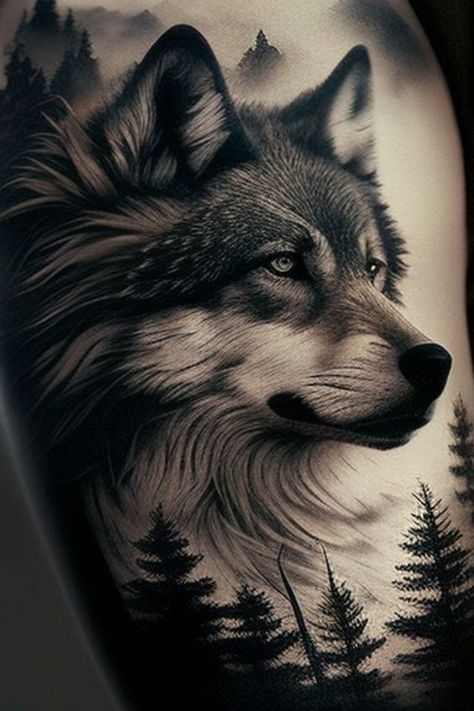 Discover captivating wolf tattoo ideas for guys! From intricate sleeve designs to minimalist wolf tattoos, explore a wide range of options to express your wild side. Whether you're seeking a powerful symbol of strength or a representation of loyalty, these wolf tattoo ideas are sure to inspire. Find the perfect design that resonates with your personality and showcases your individuality. Let the untamed spirit of the wolf come alive on your skin with these stunning tattoo ideas for men. Wolf Protector Tattoo, Wolf And Woods Tattoo, Wolf And Nature Tattoo, Side Wolf Tattoo, Wolf Tattoo Side Profile, Wolf Pack Tattoo Design, Animal Lover Tattoo Ideas, Eagle Wolf Tattoo, Tattoo Wolf Men