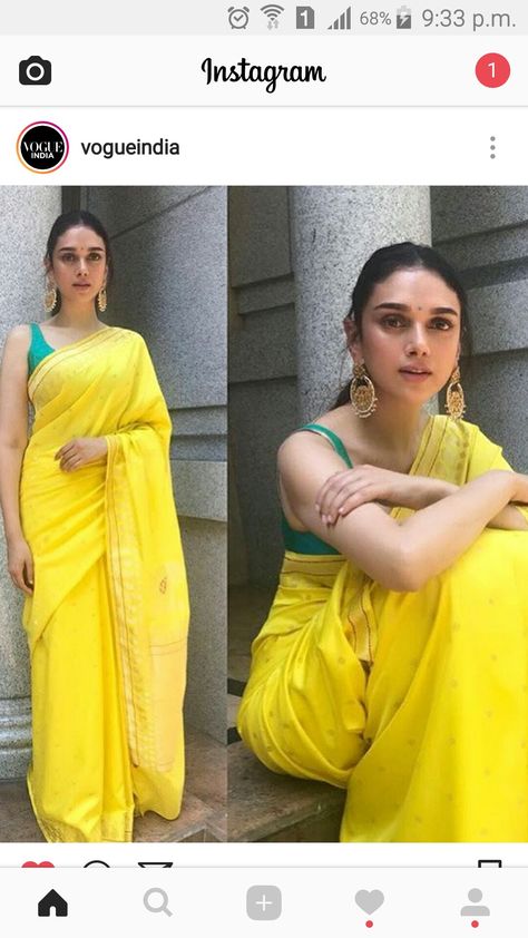 Lemon saree Aditi Rao Hydari Aditi Rao Hydari Indian Outfits Saree, Sleevless Saree Blouse Designs, Aditi Rao Hydari Saree, Lemon Yellow Saree, Party Hair Styles, Hairstyles For Saree, Wavy Haircut, Transition Ideas, Indian Dresses For Women