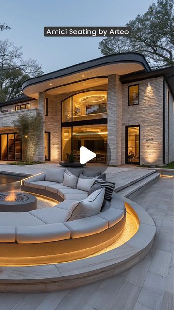 Luxury Seating Area, Sophisticated Architecture, Curved Sectional Sofa, Outdoor Fire Pit Seating, Living Sofa, Entrance Garden, Lush Landscaping, Curved Sectional, Reno Ideas