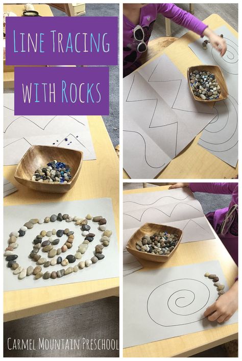 Draw lines on paper and have kids trace the lines with rocks. You could use buttons or other objects as well. Kindergarten Rocks Activities, Rock Crafts Preschool, Rock Preschool Activities, Rocks Dirt And Mud Preschool, Creative Curriculum Rock Study, Rocks And Minerals Preschool, Rock Activities For Toddlers, Preschool Rock Activities, Rock Activities For Preschool