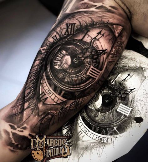 Realistic Eye Tattoo, Eyeball Tattoo, Egyptian Tattoo Sleeve, Clock Tattoo Design, Men Tattoos Arm Sleeve, Biomechanical Tattoo, Cool Forearm Tattoos, Bicep Tattoo, Inspiration Tattoos