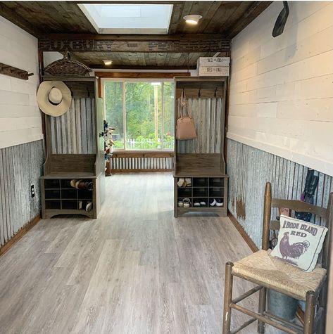 Shiplap And Tin Wall, Galvanized Tin Walls Mudroom, Brick And Corrugated Metal Wall, Corrugated Metal House, Tin Walls Rustic, Corrugated Metal Wall Mudroom, Using Corrugated Metal Interior Design, Rusty Corrugated Metal Wall, Mud Hall