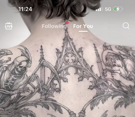 Gothic Back Of Neck Tattoo, Back Symmetrical Tattoo, Gothic Throat Tattoo, Goth Throat Tattoo, Gothic Spine Tattoos For Women, Gothic Sternum Tattoo Women, Victorian Chest Tattoo, Cathedral Back Tattoo, Gothic Spine Tattoo