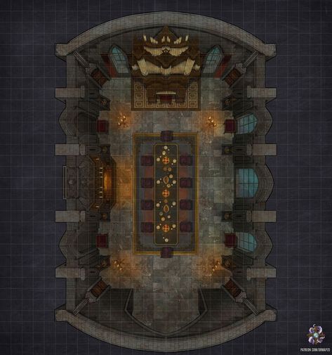 Great for roll20! Visit https://patreon.com/dicegrimorium for more. #dnd #map #dungeonsanddragons #battlemap #fantasy #dungeon #castle #ravenloft #dinner #dining #hall #organ #5e #5eart #5emap #environment #adventure #magic #outdoors #wilderness #plains #forgottenrealms #roll20 #fantasygrounds #gameart #art #tabletop #rpg #pathfinder #heroclix #encounter #grid #miniatures #cartography Castle Dining Hall, Battle Map, Fantasy Town, Gothic Castle, Tabletop Rpg Maps, Rpg Map, Dungeon Maps, D D Maps, Dining Hall