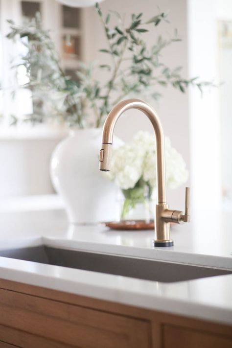 Natural Wood Island, Patterned Backsplash, Bar Stools Black, Gold Bar Stools, Built In Coffee Maker, Sink In Island, Gold Faucet, Newly Remodeled Kitchens, Ann Sacks