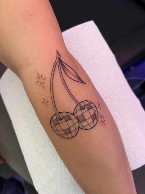 Disco Cherry Tattoo, Cherry Disco Ball Tattoo, Disco Ball Cherry Tattoo, Disco Ball Tattoo, Cherry Tattoos, Ink Master, Make Your Mark, Fine Line Tattoos, Line Tattoos