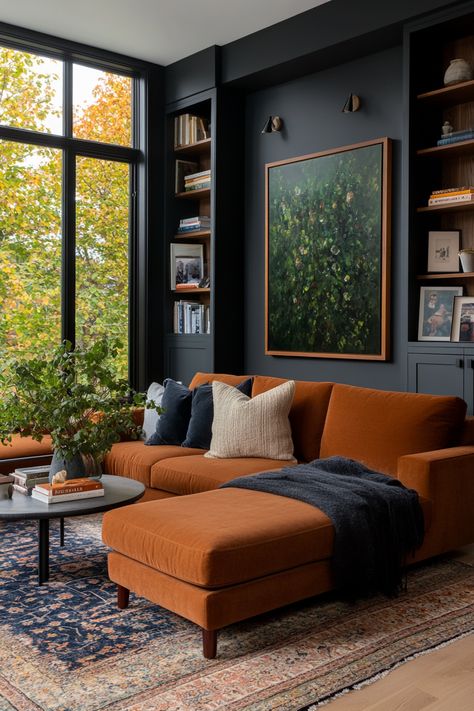 How to Get Your Living Room Both Moody and Neutral – Everyday Inspo Moody Fireplace Room, Moody Colorful Living Room, Masculine Living Room Apartment, Moody Room Colors, Moody Midcentury Modern, Moody Townhouse, Moody Minimalist Living Room, Small Moody Living Room, Moody Scandinavian Interior