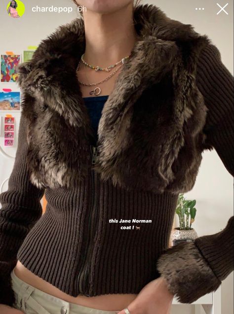 Brown And White Winter Outfits, Apple Bottom Jacket, Brown Fur Outfit, Winter Jackets Women Aesthetic, Brown Moto Jacket Outfit, 2000s Fashion Outfits Winter, Russian Winter Outfit, Fur Top, Under Your Spell