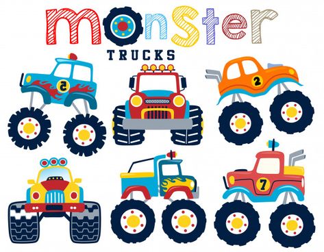 Vector set of monster truck cartoon Monster Truck Drawing, Monster Truck Art, Truck Cartoon, Monster Truck Birthday, Leaf Ornament, Trucks Birthday Party, Wedding Invitation Card Design, Cartoon Funny, Truck Design