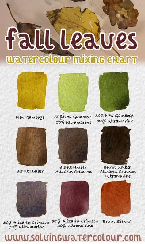 Watercolor Color Mixing, Watercolor Mixing Chart, Paint Fall Leaves, Qor Watercolor, Leaves In Watercolor, Watercolor Easy, Beginner Watercolor, Mixing Paint Colors, Color Mixing Chart