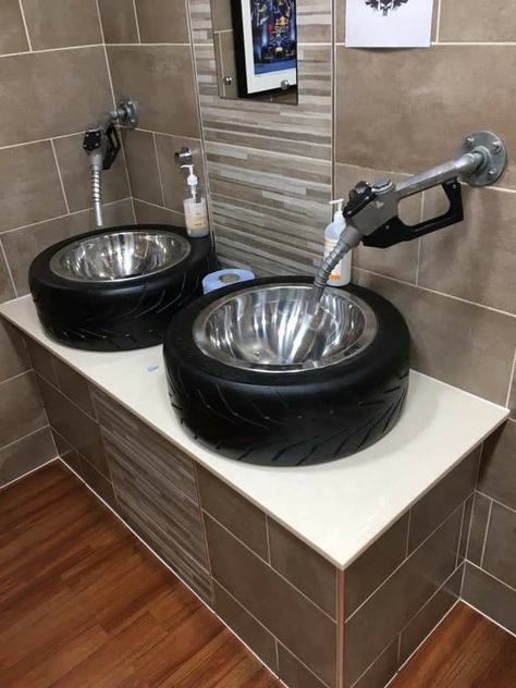 Mechanic Bathroom Ideas, Car Themed Restaurant, Auto Shop Bathroom Ideas, Tire Shop Decor Ideas, Guy Bathroom, Car Guy House Decor, Car Bathroom, Garage Bathroom, Old School Aesthetic