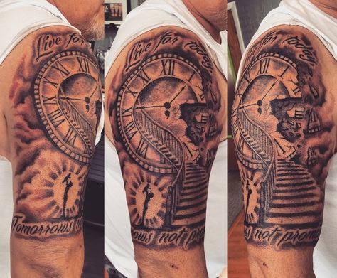 Shoulder Clock Tattoo Men, Clock Tattoo Design For Men Shoulder, Stairway Clock Tattoo, Clock Shoulder Tattoo, Time Sand Clock Tattoo, Stairway To Heaven Tattoo Shoulder, Stairway To Heaven Tattoo With Clock, Stairway Tattoo, Tattoo Sand Clock