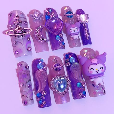 Kuromi Press On Nails, Purple Kawaii Nails, Cinnamon Nails, Hello Kitty Nails Art, Moon Nails, Gothic Nails, Nails Cute, Glow Nails, Hello Kitty Nails