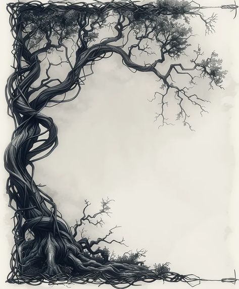 Spiral Tree Art, Tree With Vines Drawing, Creepy Vines Drawing, Tree No Leaves Drawing, Tree And Roots Drawing, Gothic Tree Drawing, Mushrooms On Trees Drawing, Cool Tree Drawings, Yew Tree Drawing