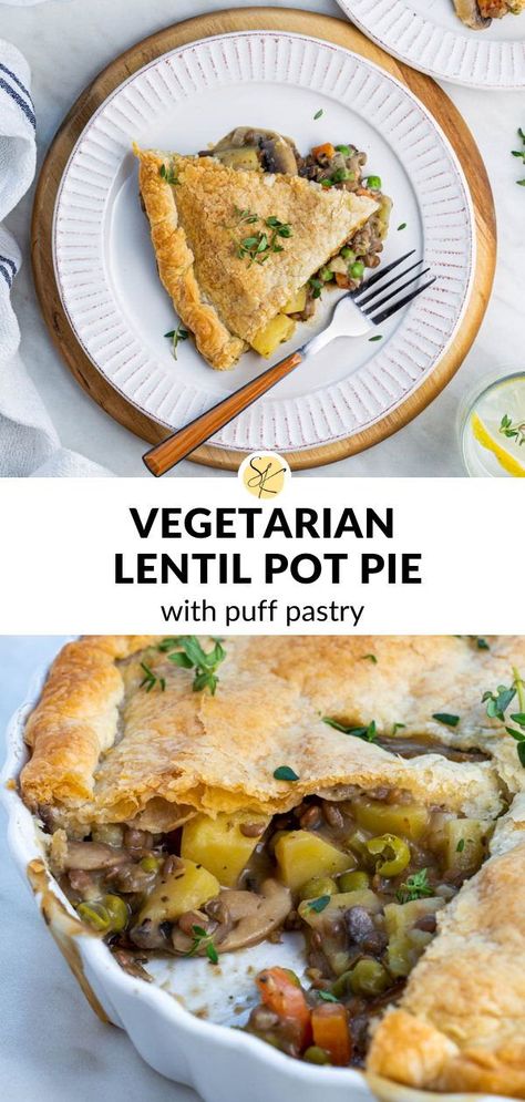 This Lentil Pot Pie is hearty, creamy, and topped with a flaky puff pastry crust! It's easy to make, packed with vegetables, and comes together in less than 1 hour. It can easily be made vegan by using a vegan pie crust. Serve it up for dinner on a cozy winter night! Lentil Pot Pie, Puff Pastry Vegan, Pot Pie With Puff Pastry, Vegetarian Easter, Pie With Puff Pastry, Cozy Winter Night, Vegan Pie Crust, Savory Tarts, Dinner Recipes Healthy Family