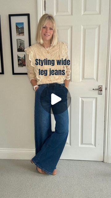 Claire Lopez on Instagram: "All you need to know about styling wide leg jeans 👖   From the footwear that works to the coats, jackets and tops; the right proportions and more. Head to stories for more detail and links which will be saved in my November highlight   📌📌📌 for inspo 😘  Jeans, lace top, love knit and camel roll neck all @lawandcostores ad Boucle jacket @mango  Camel coat old @sosandar  Leopard coat old @riverisland  Footwear all old apart from nude pointed flats @johnlewis linked in my AW footwear highlight  Blue knit old @bricksandstitches  Black blazer old  Lace edge top @wardrobe44_shop  Bags @ameliaroseaccessories  Belt @lovepinkroseuk   #widelegjeans #howtostylevideo #stylisttips" What Shirt To Wear With Bell Bottom Jeans, Sweaters With Wide Leg Pants, Wide Leg Jeans With Long Cardigan, Fashion And Style Edit Jess, Wide Leg Pants With Boots Winter, How To Roll Up Wide Leg Jeans, Burgandy Cardigan Outfits, Style Black Wide Leg Jeans, Boots To Wear With Wide Leg Jeans