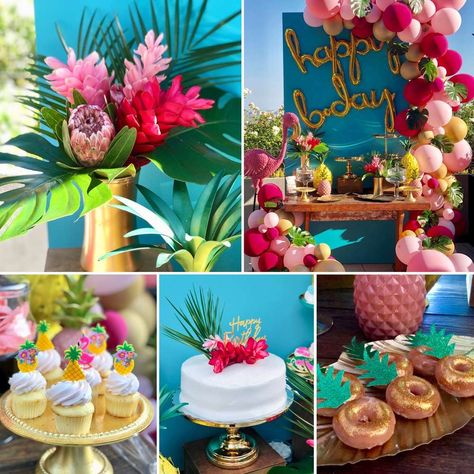 Tropical Paradise  | CatchMyParty.com Tropical Dessert Table, Tropical Birthday Party Ideas, Tropical Sweet 16, Sweet 16 Sleepover, Luau Food, Tropical Birthday Party, Sweet 16 Party Ideas, 16 Party Ideas, Flamingo Birthday Party