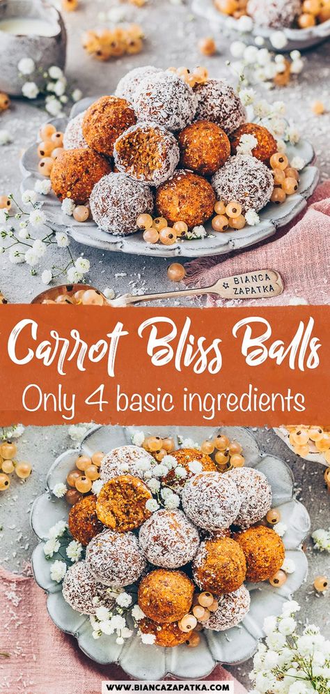 Carrot Cake Energy Balls These delicious Carrot Cake Bliss Balls are easy and healthy raw vegan energy snacks that you can make in just 10 minutes - no baking needed! They are super moist, loaded with nuts and fruits, and coated with coconut flakes. You can make them gluten-free or nut-free if needed. Easy Vegan Snacks, Raw Vegan Snacks, Vegan Energy Balls, Raw Vegan Cake, Energy Balls Healthy, Raw Snacks, Raw Vegan Desserts, Healthy Carrot Cakes, Energy Ball Recipe