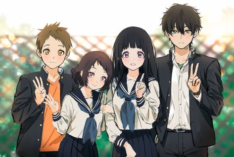 4 Friends Anime, 4 Anime Best Friends, Eru Chitanda, Hirunaka No Ryuusei, Anime Group, Anime Friendship, Kyoto Animation, Four People, 캐릭터 드로잉