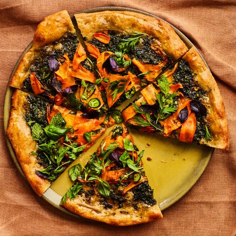 Herby Pizza with Carrot Top Pesto Recipe | Bon Appétit Carrot Pizza, Carrot Top Pesto, Veggie Dinners, Meatless Mains, Big Pizza, Pastas Recipes, Homestead Kitchen, Carrot Top, Food Pizza