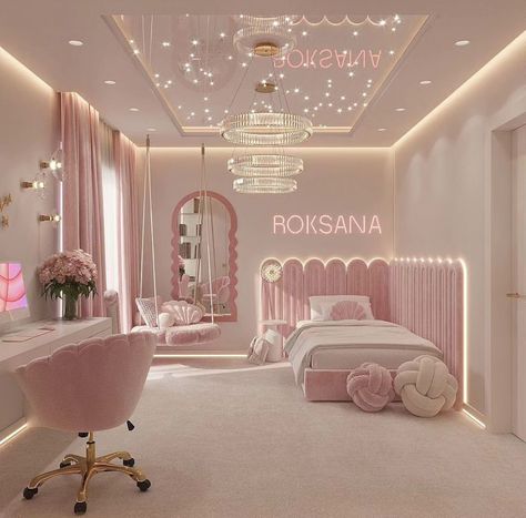 Princess Room Inspiration, Baby Pink Bedroom Aesthetic, Luxury Teen Girl Bedroom, Daughter Room Design Modern, Girly Room Design, Rich Girl Room, Cuartos Aesthetic, Luxury Kids Bedroom, Kids Room Interior Design