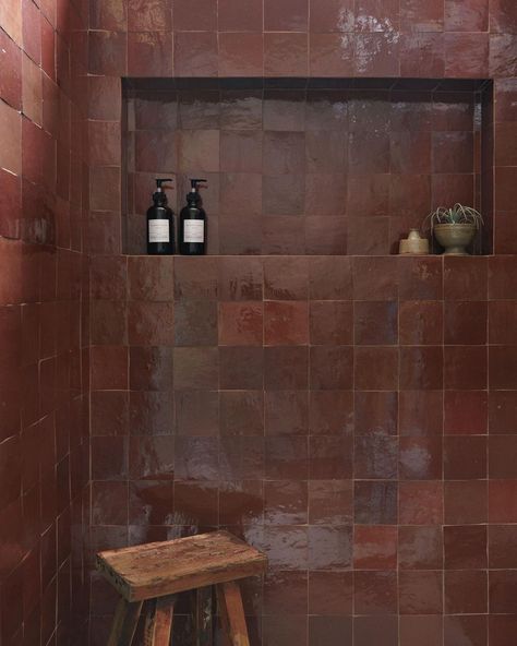 Zia Tile (@zia_tile) • Instagram photos and videos Burgundy Tiles, Burgundy Bathroom, Brown Tile Bathroom, Penny Tiles, Brown Shower, Zia Tile, Brown Tile, Red Tiles, Brown Bathroom