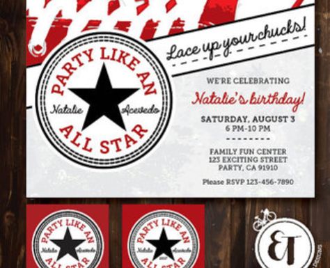 Converse party invitation Converse Party, Pearl Invitations, All Star Party, Converse Baby, 47th Birthday, Sneaker Ball, Baby Boy Themes, Pearl Party, Happy 13th Birthday