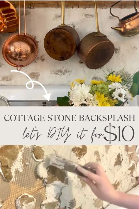 REAL stone backsplash for just $10! Lots of tips include in this tutorial, you wont want to miss it! Please feel free to visit thehinterlands.net for many more budget friendly Cottage style DIYs and Renos! Cheers! Diy Kitchen Backsplash Cheap, Diy Stone Backsplash, Backsplash Cheap, Backsplash Diy, Expensive Look, Diy Kitchen Backsplash, Diy Backsplash, Stone Backsplash, Shabby Chic Kitchen