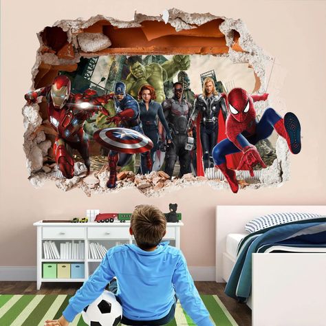 PRICES MAY VARY. Create a fun and exciting superhero themed room for your child with these 3D wall decals. 3D murals feature several different characters in a comic book style. These superhero wall stickers peel and stick are made of high quality vinyl that is durable, waterproof and easy to apply and remove. They will not damage your walls or leave any residue. These superhero wallpapers are designed to create a 3D effect that makes superheroes pop out of the wall. They are also colorful and vi Avengers Room Ideas Boy Bedrooms, Marvel Toddler Room, Super Hero Boys Room, Marvel Boys Room, Superhero Wall Stickers, Superhero Wall Decor, Avengers Bedroom, Boys Room Mural, Superhero Wall Decals