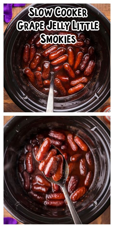 Grape jelly little smokies are the easiest appetizer to make, with only three ingredients, and in a few hours, you'll have a crowd-pleaser. Whenever I make this recipe, everyone asks for the recipe! They have no idea how simple it is. - The Magical Slow Cooker Grape Jelly Little Smokies Crockpot, Lil Smokies Recipes With Grape Jelly, Little Weenies Recipe Grape Jelly, Chili Sauce And Grape Jelly Lil Smokies, Cocktail Weenies Crockpot Grape Jelly, Lil Smokies Grape Jelly, Cocktail Weenies Recipe Grape Jelly, Grape Jelly Lil Smokies, Little Smokies Recipes With Grape Jelly